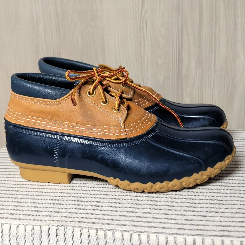 Vintage LL Bean Bean Boots Rubber Moc Mens 7 Navy Tan Waterproof Duck Shoes